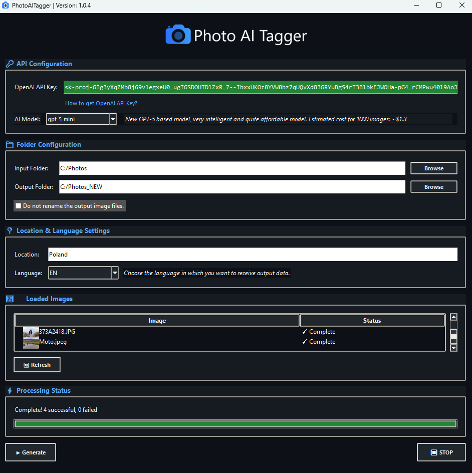 UI programu Photo AI Tagger by Cosmosens.pl